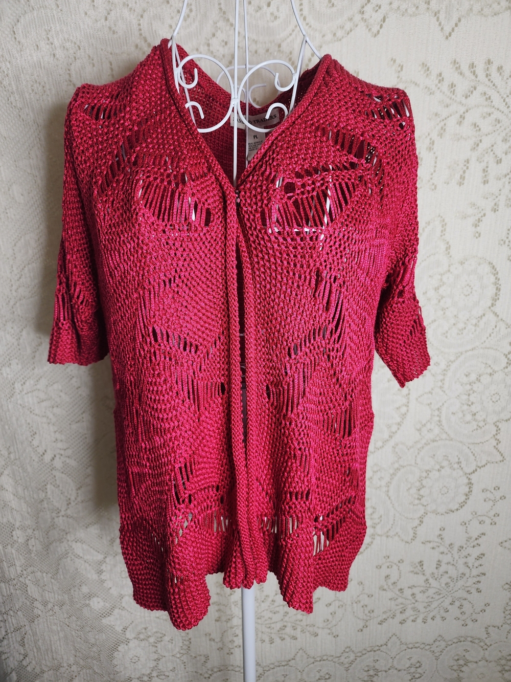 Open-Knit Short Sleeve Cardigan Sweater - Cherry Red